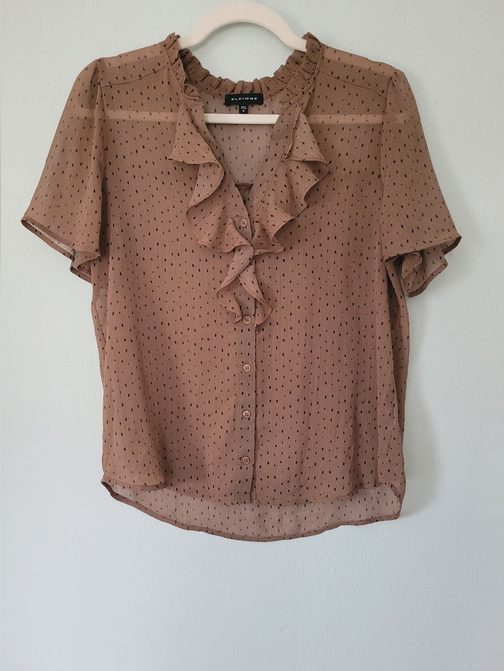 Brown Ruffle Front Short Sleeve Blouse with Dot Detail - Pleione - Size Small
